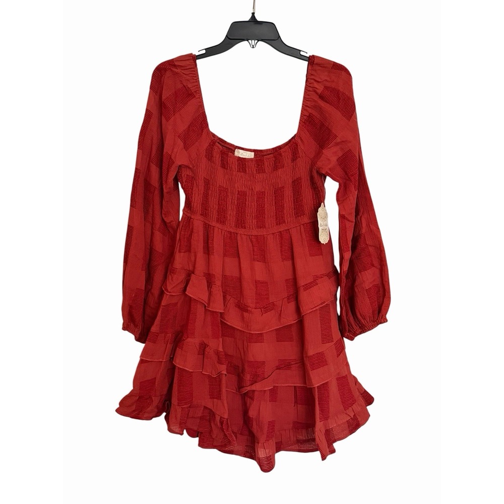 Altar'd State Rust Tiered Ruffle Mini Dress Smocked Long Sleeve Medium NWT #C2-1 - Picture 2 of 12